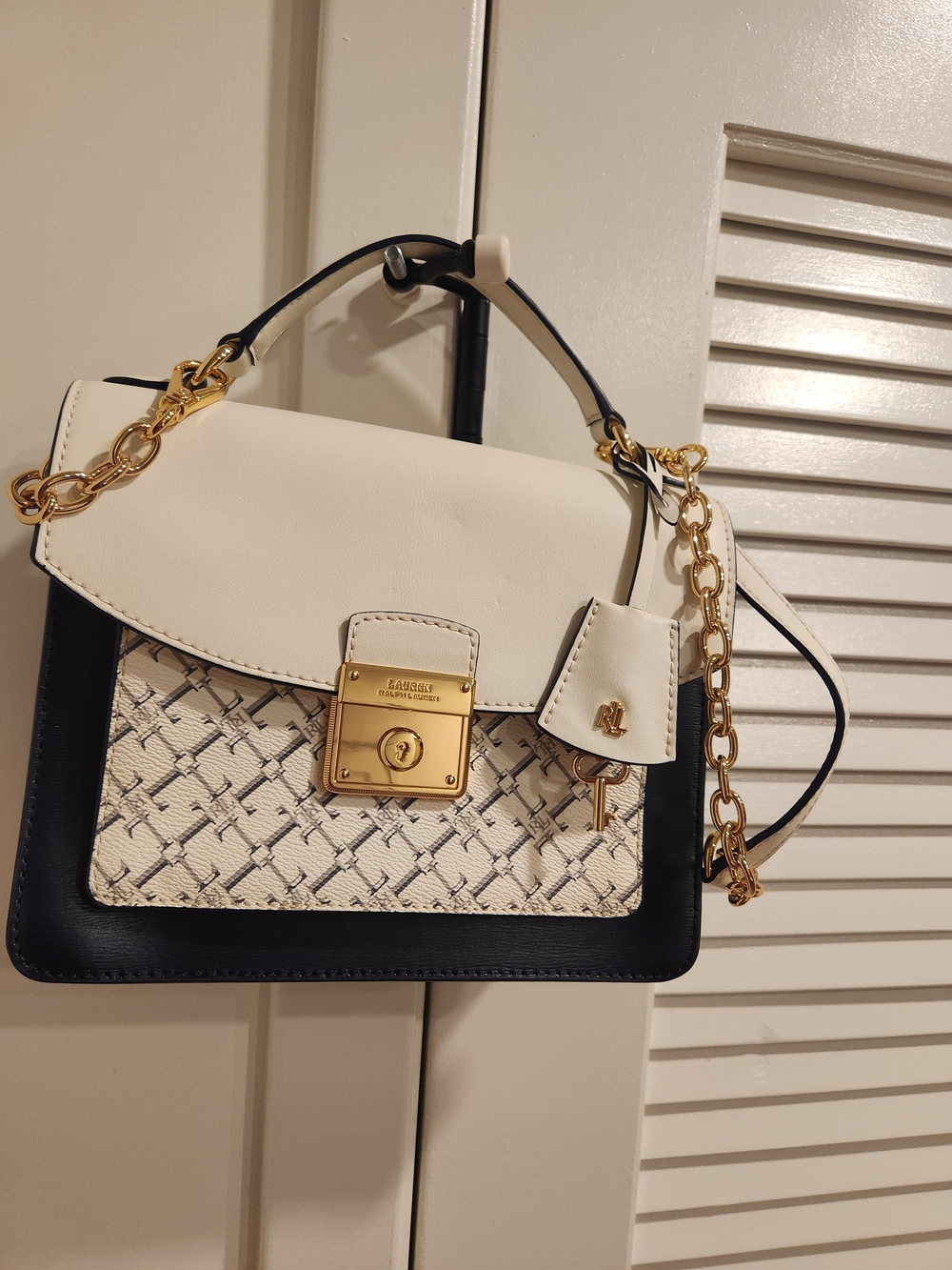 Aldo Ivory and Black Satchel with Gold Hardware
